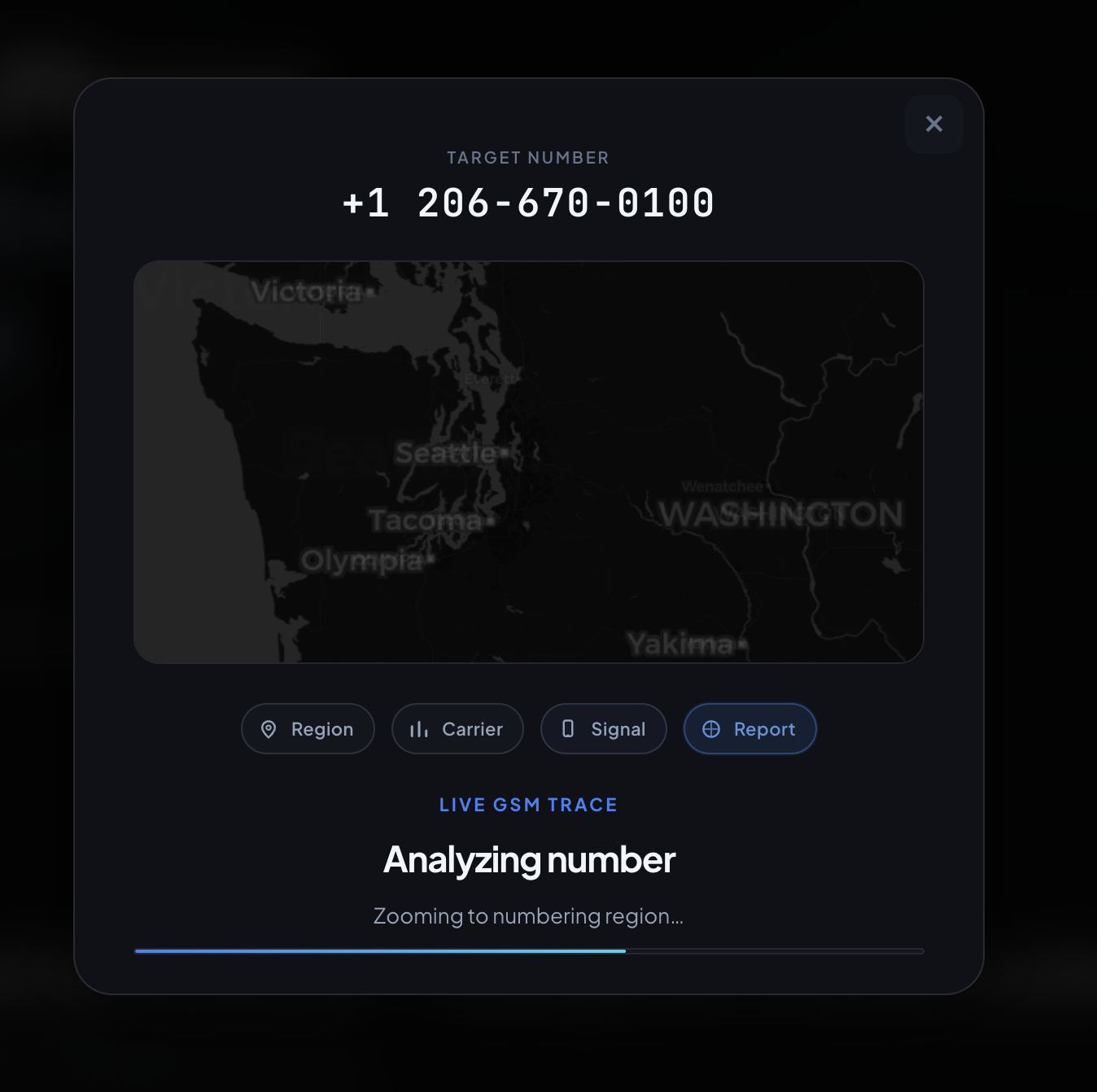 Verified signal profile modal with operator, region map, and premium GPS fields before checkout